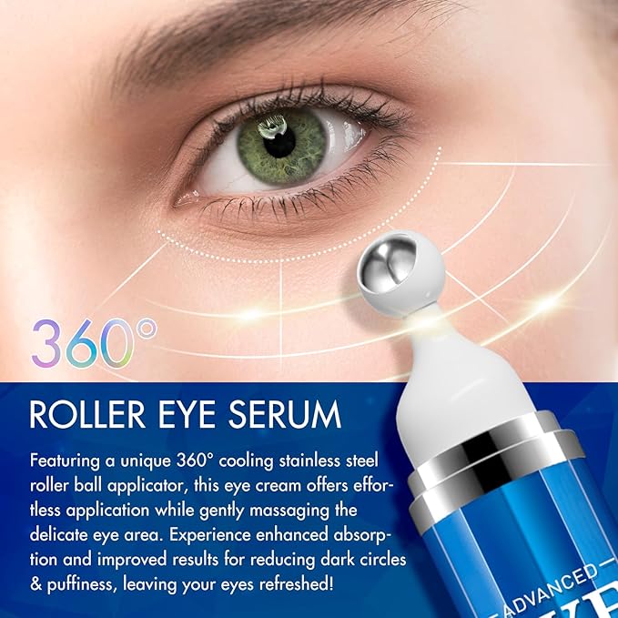 Advanced Eye Serum with 5% Caffeine & Retinol Hyaluronic Acid Niacinamide Eye Treatment Cream for Puffy Bags Dark Circles Fine Lines Under Eyes Serum with 360°Massage Roller Ball 15ML/0.5 fl.oz