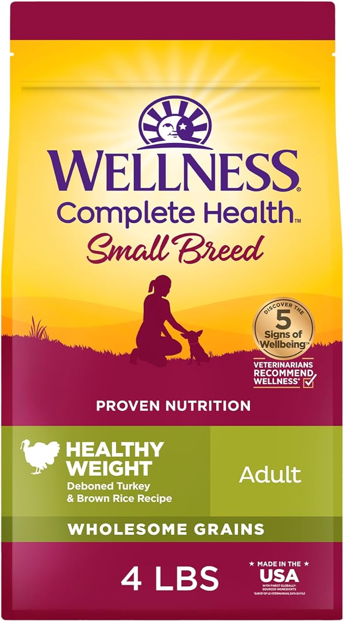 Wellness Complete Health Healthy Weight Small Breed Adult Dry Dog Food, Wholesome Grain Kibble, Natural, Turkey and Brown Rice Recipe, 4 lb Bag