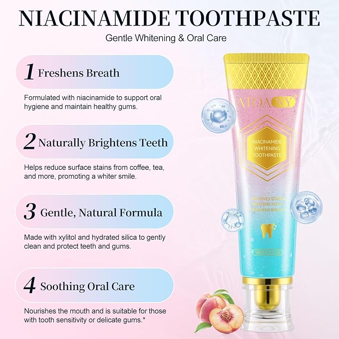 Niacinamide Whitening Toothpaste, 2 Pack Intensive Stain Removal Toothpaste for Yellow Teeth, Gum Care, Fresh Mint & Peach Breath, Tartar Control, Deep Clean for Men and Women, 3.5oz