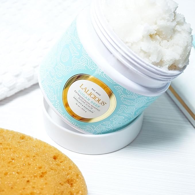LALICIOUS Sugar Reef Exfoliating & Moisturizing Body Scrub | Sugar & Coconut Oil | Pre-Shave Scrub for Ingrown Hairs & Razor Bumps | Gently Buffs & Smooths Sensitive Skin | No Parabens | Large 16oz