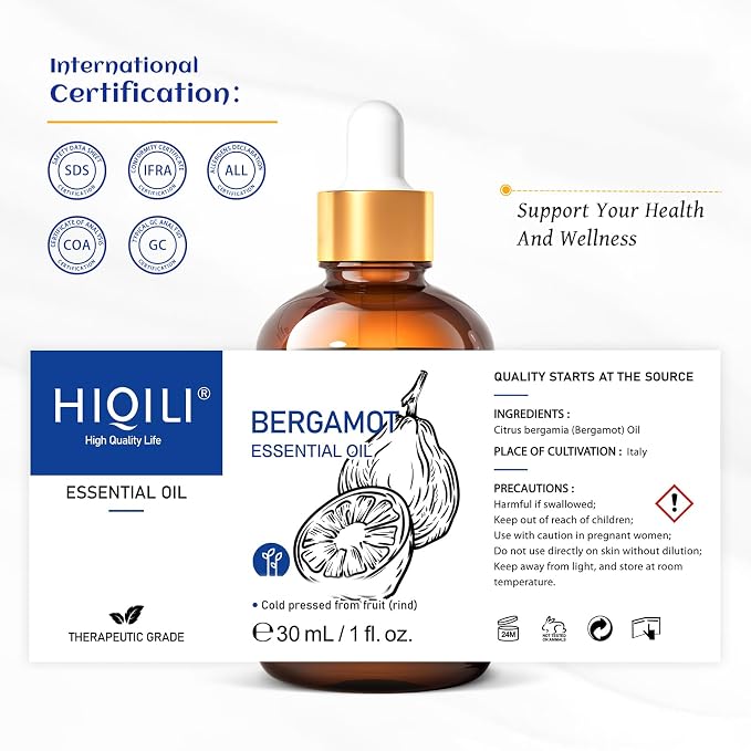 HIQILI Bergamot Essential Oil for Diffuser, Skin, Hair, DIY, 1.01 Fl Oz (30 mL) | Creates Soothing and Calming Atmosphere for Home and Office, Calms Your Mind, and Works for Skin, DIY -30mL / 1.01 fl oz