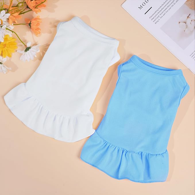 2 Pcs Dog Dresses Cat Skirt Solid Color Dog Clothes Summer Sleeveless Puppy Girl Clothes for Small Pet Dogs Cats (White,Blue, Large)