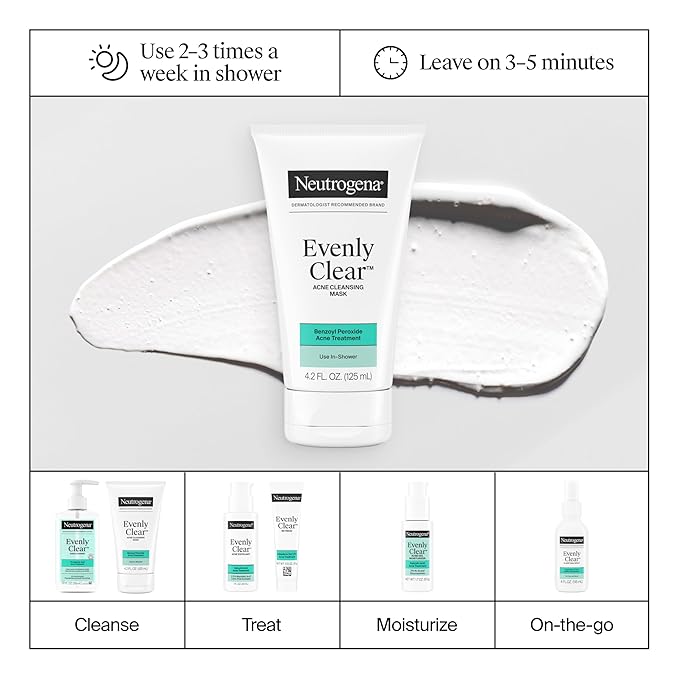 Neutrogena Evenly Clear Acne Cleansing Face Mask with 3.5% Benzoyl Peroxide Treats Breakouts & Bentonite Clay, Purifying Clay Mask Absorbs Oil to Visibly Improve the look of Skin, 4.2 fl. oz