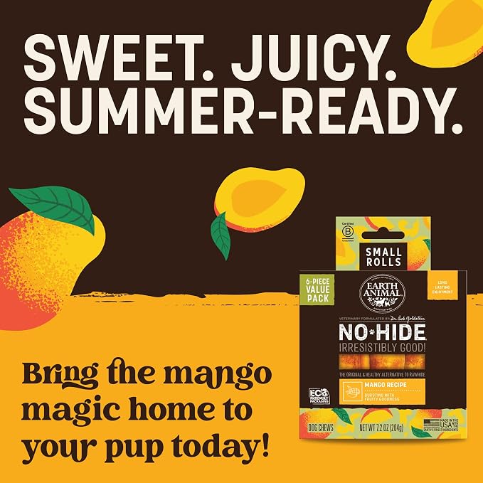 Earth Animal No Hide Dog Chews - Rawhide Free Small Rolls 6 Count Mango | Small Rolls Mango Flavored Natural Rawhide Free Long Lasting Dog Chews - Pet Treats for Small Dogs