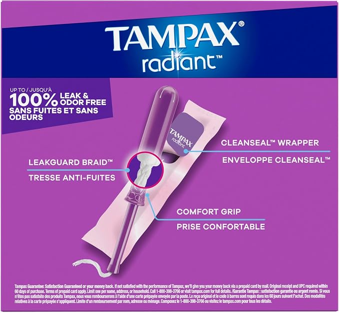 Tampax Radiant Tampons Super Absorbency with BPA-Free Plastic Applicator and LeakGuard Braid, Unscented, 42 Count (Pack of 2)