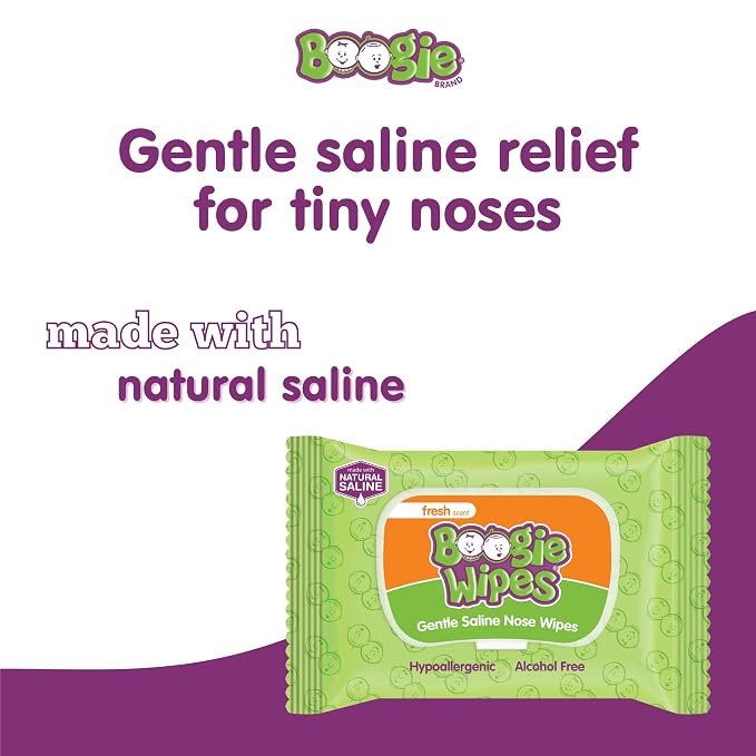 Boogie Wipes Gentle Saline Nose Wipes - 90 Count - Fresh Scent, Hypoallergenic & Alcohol-Free - Allergy Relief - Made with Natural Saline, Aloe, Chamomile & Vitamin E - Diaper Bag Essential