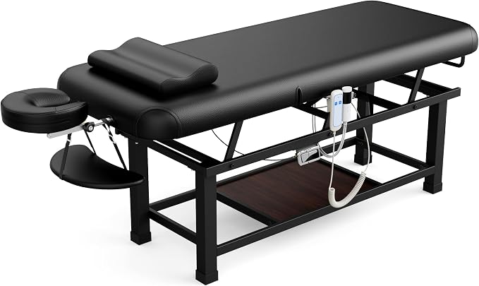 Olela Electric Heated Massage Table - Stationary Massage Table with Heating Function and Storage, Treatment Table with Electric Lift & Manual Adjustable Backrest, Metal Frame for Massage, Spa So On