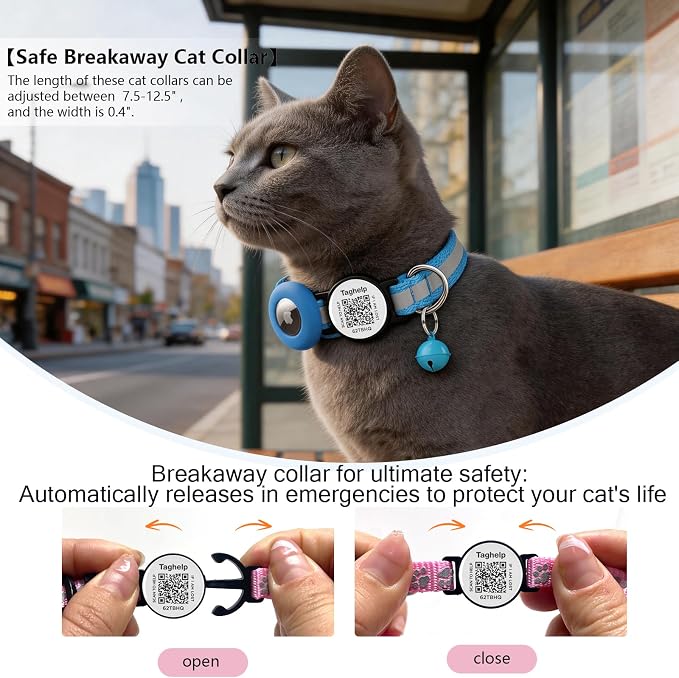 2 Pack Airtag Cat Collar, Breakaway Cat Airtag with Smart ID tag & QR Code Reflective (Reflective Strip & Paw Pattern - Blue, with Integrated AirTag Holder)