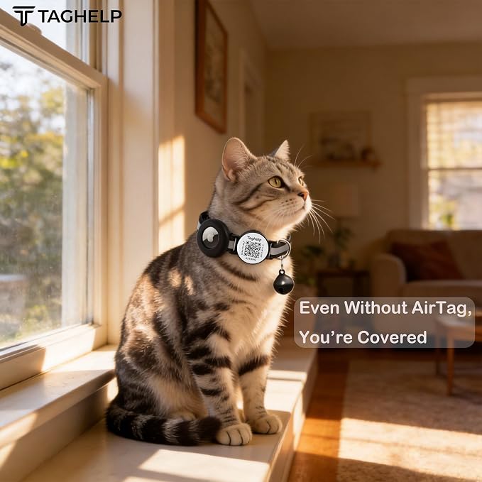 Smart QR Code Cat Collar with Airtag Cat Collar Breakaway, Reflective Kitten Collar with Apple Air Tag Holder and Bell for Girl Boy Cats, 0.4 Inches in Width and Lightweight(Black)