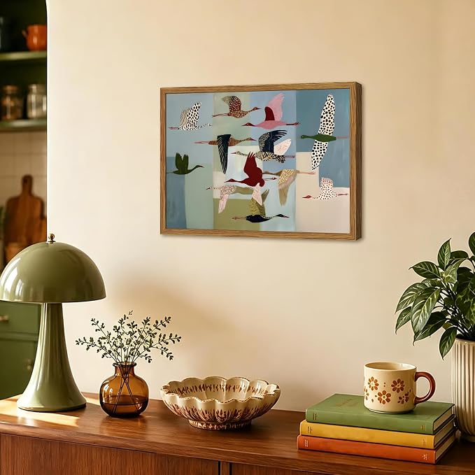 Framed Vintage Flying Bird Wall Art, Abstract Colorful Crane Pictures Wall Decor, Mid Century Modern Scandinavian Birds Paintings Canvas Prints Home Decor Aesthetic for Living Room Bedroom 12x16 inch