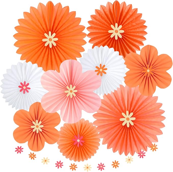 SUNBEAUTY Pink and Orange Party Decorations, Paper Flowers Decoration Fans | 9 Pcs Orange & Pink groovy paper fans, Paper flowers decorations for wall, Wall hanging decor, Office, Classroom, Baby shower