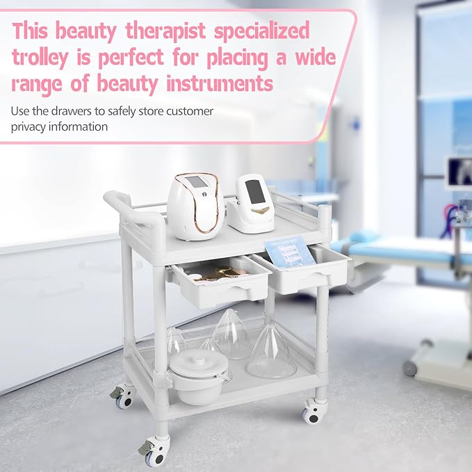Beauty Trolley Cart with Wheels, Esthetician Cart with Handrail, Bucket and 2 Big Drawer, 2 Tier Heavy Duty Vacuum Therapy Machine Trolley, Load 330lbs, 360° Rotate Silent Wheels