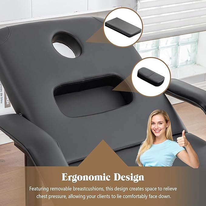 Professional Massage Bed Stationary Adjustable Massage Table Spa Bed 73" x27.5” Physical Therapy Table with Memory Foam Salon Bed w/Removable Headrest (Black with Armrest)