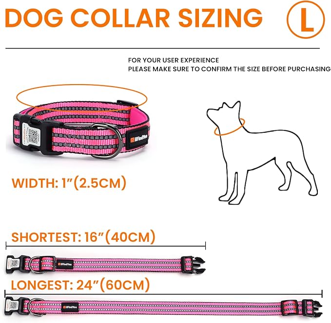 Personalized Dog Collar with QR Code Dog Tag, Rose Red L | Anti-lost, 1000D nylon, reflective, padded, XS-L(8"-24"), QR buckle shares lost pet profile, location alerts when scanned