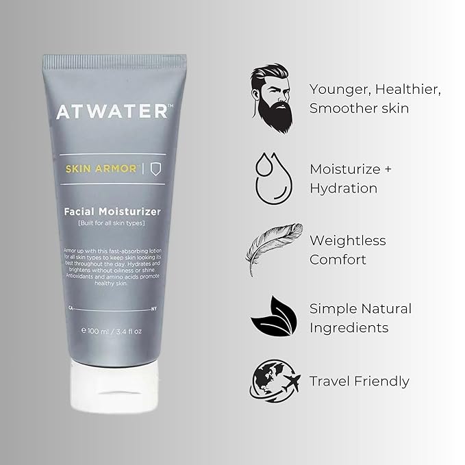 ATWATER Skin Armor Men's Face Moisturizer, Hydrating Anti-Aging Formula with Niacinamide and Licorice Root for All Skin Types - 3.4 oz