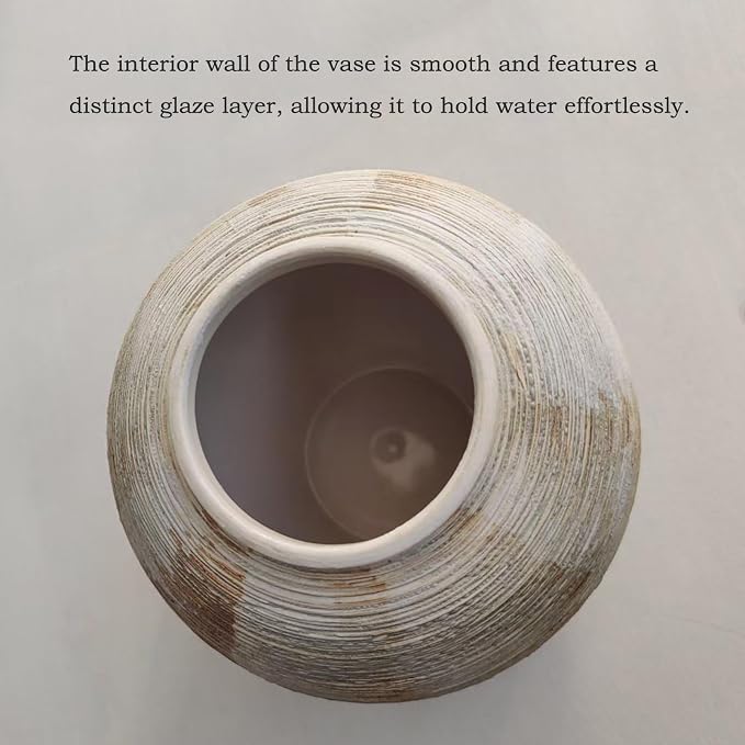 Rustic Ceramic Vintage Farmhouse Vase for Decor (Small Ribbed Beige) | Distressed Texture Vase Home Decor, 6'' Decorative Terracotta Round Bowl vase for Living Room, Table, Shelf, Kichen Décor