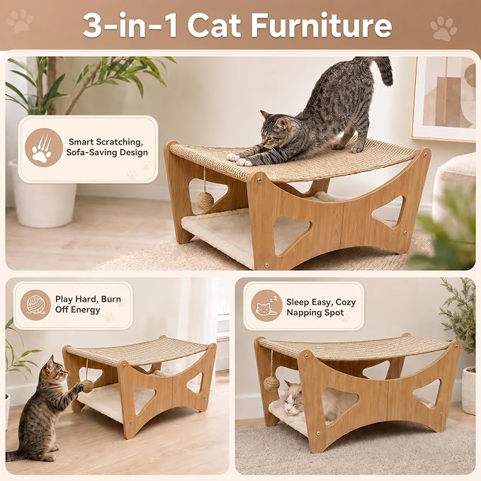 Cat Hammock Bed, 3 in 1 Elevated Bunk Cat Hammock Bed with Sisal Scratching Pad & Soft Plush Cushion, Wooden Cat Furniture for Small to Medium Cat & Dog, Pet Hair Removal Glove