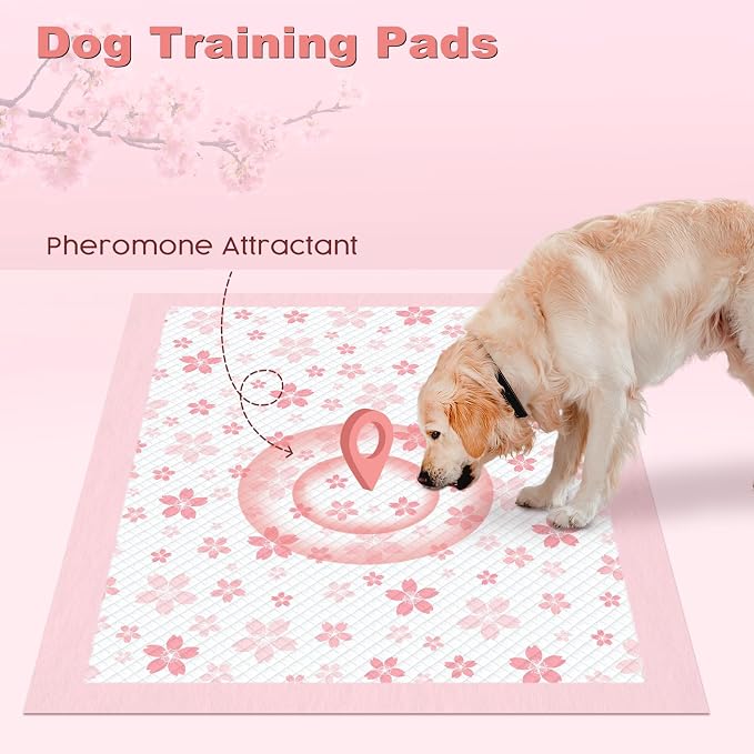 MIZOK Pink Puppy Pads with Adhesive Tabs Disposable Pee Pads 28x34in 30Ct | Heavy Duty Floor Protection Super Absorbent Large Pet Training Pads Use Sticky Bottom Strips to Keep Indoor Areas Mess Free