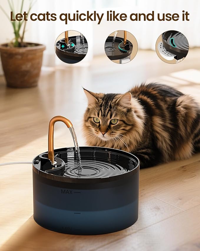 MISFANS Cat Water Fountain with 6-Pack Replaceable Filters,Copper Faucet | 71oz/2.1L Cat Fountain for Drinking, MISFANS-Designed Pump & Filter, Plastic Automatic Pet Water Fountain Bowl & Dispenser