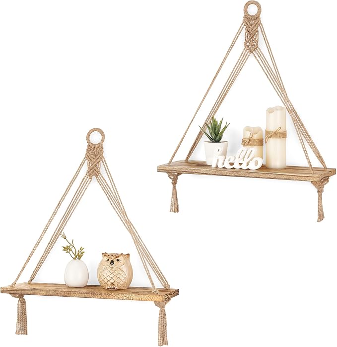Mkono Macrame Hanging Shelves Boho Wall Decor Set of 2 Floating Wood Shelf | Cute Room Decor for Teen Girls Display Storage Shelves for Hanging Plant Photos Fit Bedroom Bathroom Living Room Nursery Dorm