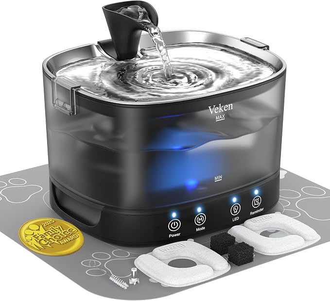 Veken 85oz/2.5L Cordless Cat Water Fountain for Cats, Dogs, Pets, Black | Stainless Steel Tray & Secure Clips, 5200 mAh Battery Operated, Pet Drinking Dispenser, LED Light, Wireless Fountain