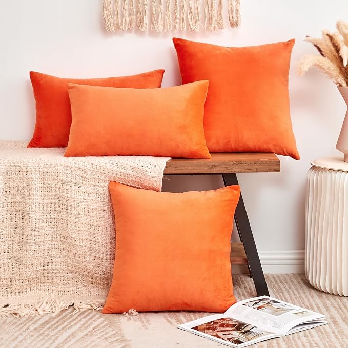 Fall Orange Throw Pillow Covers Decorative Velvet Set of 2 16x16 Inch Pillow Covers, Soft Burnt Orange Pillowcases for Couch Sofa Bed Living Room, Farmhouse Boho Decor, Accent Cushion Covers