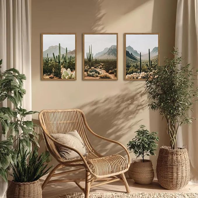 Framed Desert Landscape Wall Art Set of 3, Vintage Southwestern Cactus Wall Decor Paintings, Mexican Mountain Botanical Pictures Canvas Prints for Living Room Bedroom Bathroom Office 12x16 inch