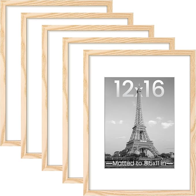 upsimples 12x16 Picture Frame, Gallery Wall Frames Set of 5, Natural | Poster Frame Collage Wall Decor, 8.5x11 Picture Frame with Mat for Family, Baby, Hallway, Christmas