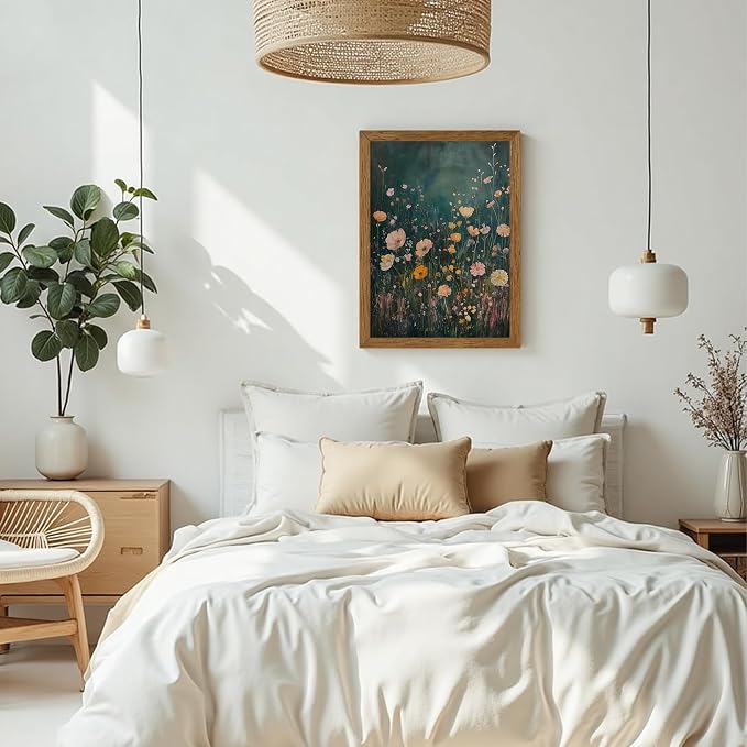 JLTULT Vintage Floral Wall Art, Pink Wood-Framed Canvas, 16 x 24 In | Pink wildflower art on fade-resistant canvas with a ready-to-hang solid wood frame for bathroom, bedroom and farmhouse decor