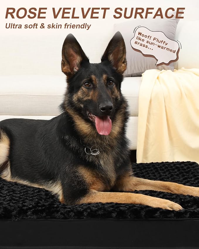 KSIIA Washable Dog Bed for Crate Waterproof for Large Dogs,41x27 in,Black | 3in egg crate foam,orthopedic support,Soft rose velvet,3ply waterproof fabric,removable cover,anti-slip base,washable