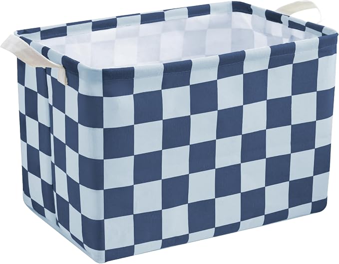 Ohocut Navy Blue Checkered Canvas Basket, Rectangular Organizing Decorative Storage Basket for Kids Dog Toy, Cute Aesthetic Race Cars Boy Room Decor for Home, Kitchen, Bedroom, Classroom, Shelves