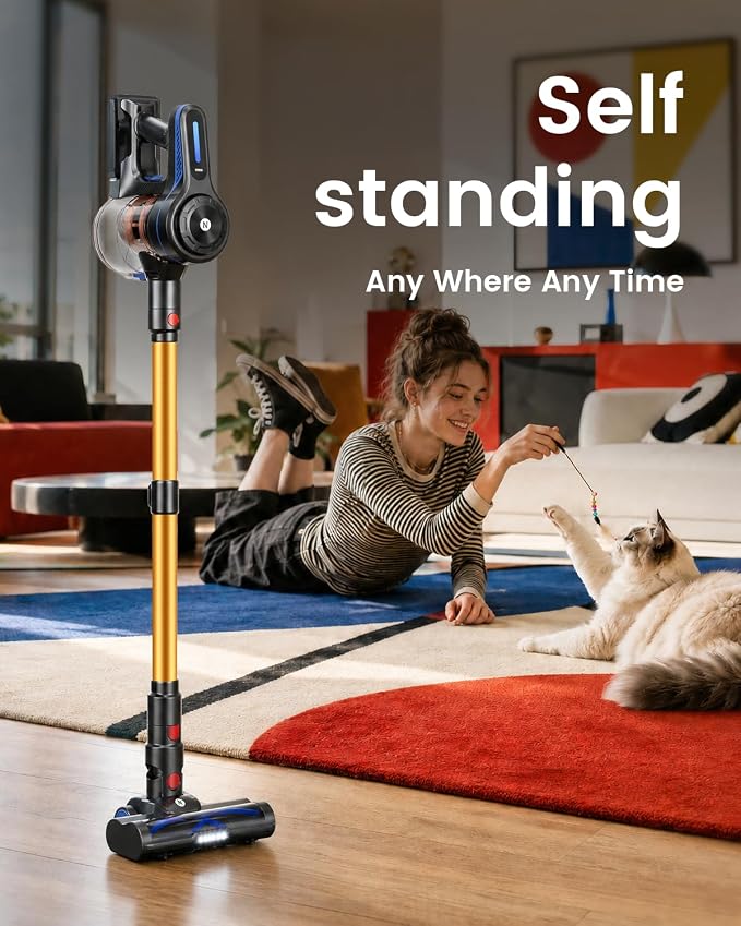NADALY Cordless Vacuum Cleaner, 580W 50KPa Self-Standing Stick Vacuum with 65-Min Runtime, Anti-Tangle Brush, 1.8L Large Dust Cup, Lightweight Vacuum Cleaners for Home Hardwood Floor Carpet Pet Hair