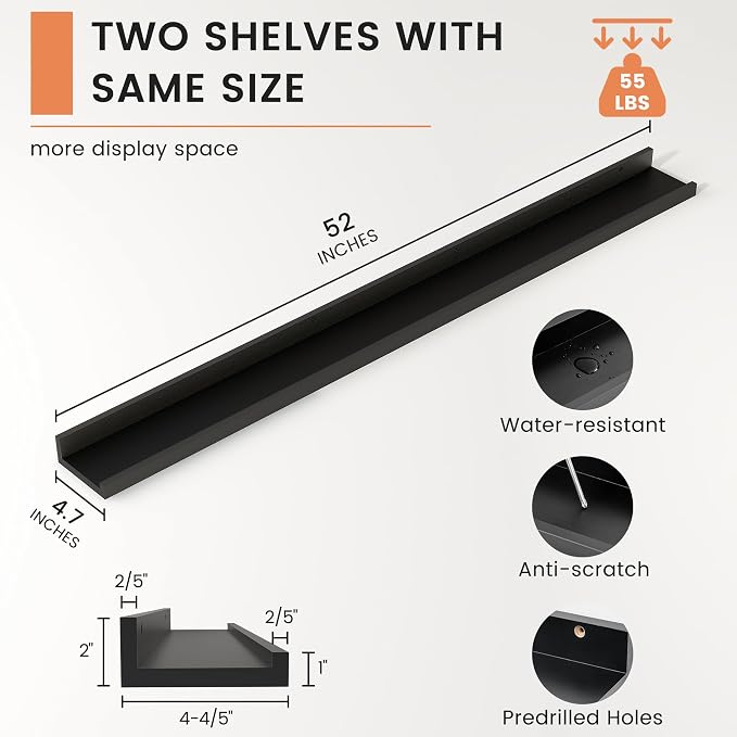 Picture Ledge Shelf, Long Floating Shelves for Wall, 52" W Set of 2, Black | FSC Certified Engineered Wood, Wall Mounted Bookshelf, for Nursery Living Room Bedroom, Easy Install