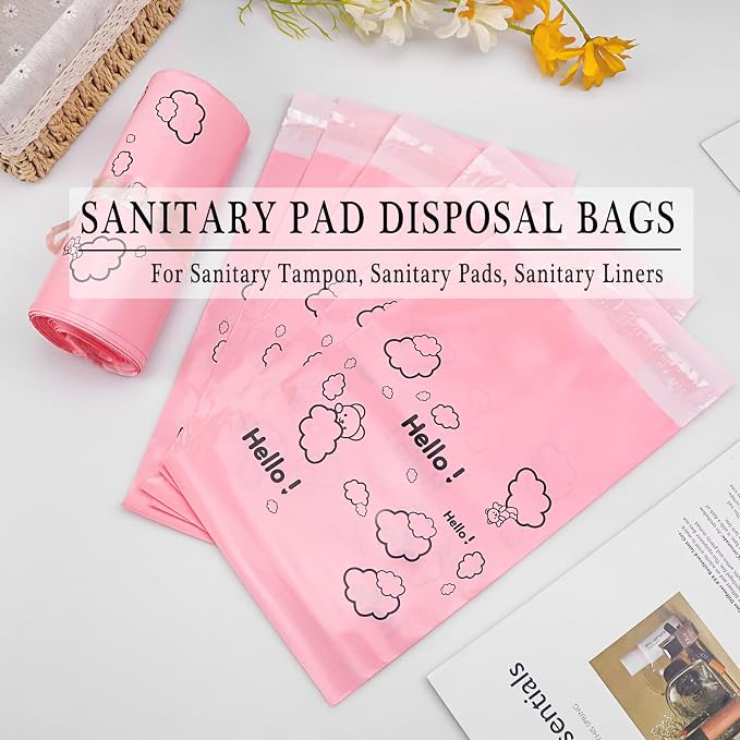 Cute Pink Sanitary Pad Disposal Bags - Pack of 200, 7x12inches Opaque Feminine Hygiene Disposal Bags for Tampons, Liners