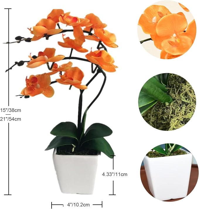 15" Silk Phalaenopsis Orchid in Square Pot, Orange Flower Plant Arrangement | Lifelike Faux Potted Blooms with Moss in a Ceramic Planter. Looks Real, Zero Upkeep, Ideal Centerpiece for Any Table