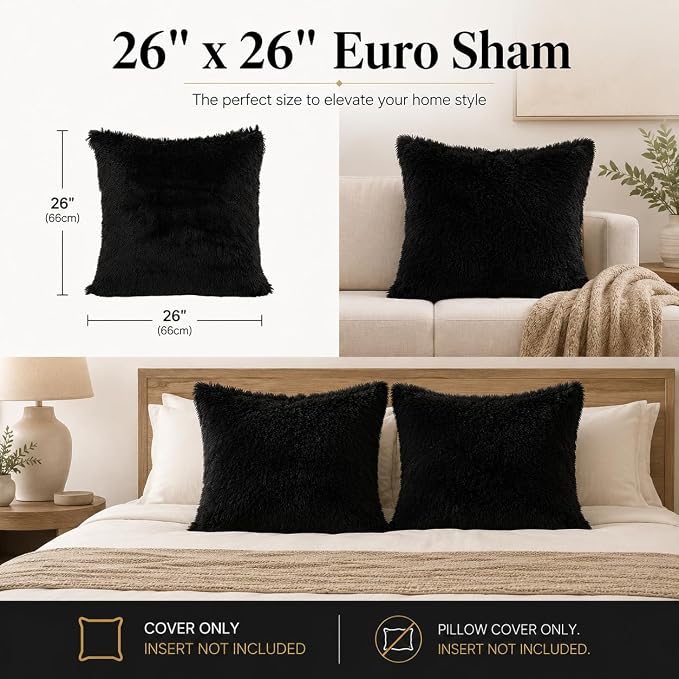REAFORT Long Hair Faux Fur Euro Sham Cover 26"x26", Hidden Zipper(Black) | Ultra-soft plush faux fur with a hidden zipper adds luxurious comfort and is machine washable for easy care.