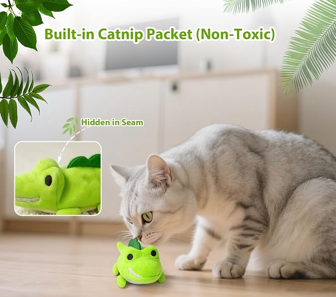 Interactive Cat Toys for Indoor Cats – Auto Moving Alligator with 360° Random Movement & Tail Wagging, Rechargeable Cat Exercise Toy with Catnip, Self-Play Fun for Bored Adult Cats-Green