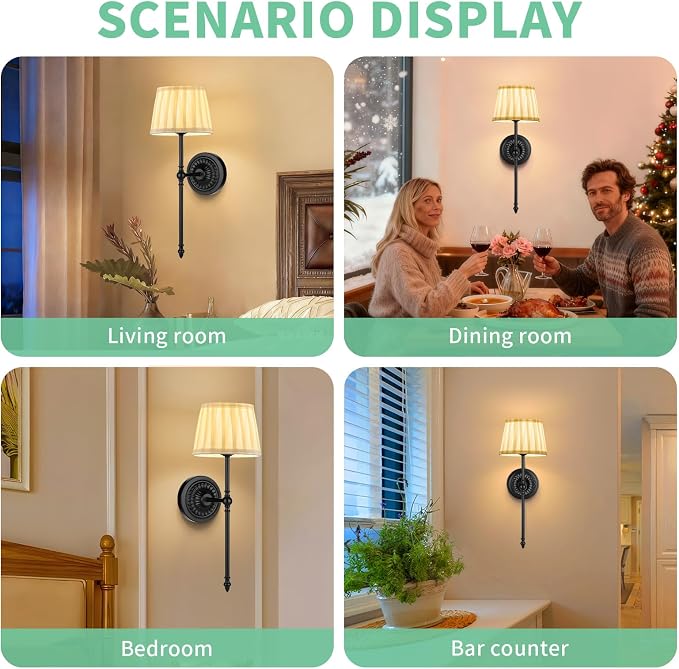 Cordless Wall Sconces Set of 2,10000mAh Small Wireless Battery Operated Wall Sconces Set of Two with RGB LED, Remote, Timer & Dimmable Fabric Gold Wall Lamps for Bedroom, Living Room, Hallway (Black)