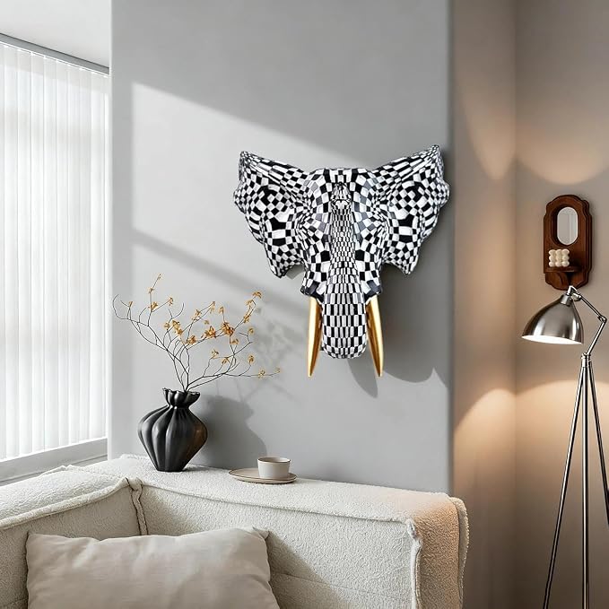 GIGICICI 9x7.8-Inch Vintage Mosaic Elephant Head Wall Sculpture Art Mount Statue for Room Bedroom Office Living Decor(Black White)