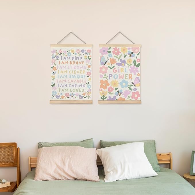 URLLUAE Girls Room Wall Decor, Nursery Colorful Flower Girly Wall Art With Wooden Poster Hanger, Pastel Floral Inspirational Canvas Prints Posters for Girls Room Nursery Playroom, 12x16 Inch Set of 2