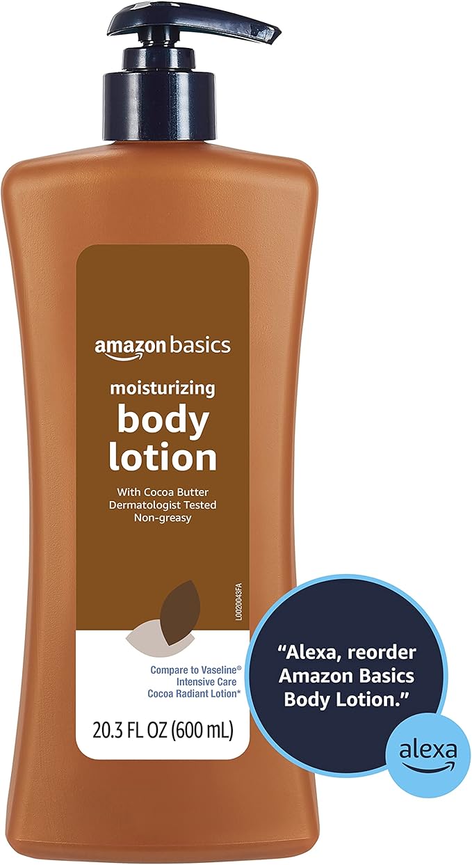 Amazon Basics Moisturizing Cocoa Butter Body Lotion for Dry Skin, Non-Greasy, Paraben Free, Lightly Scented, 20.3 Fl Oz, 4-Pack