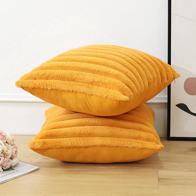 Soleebee Set of 2 Throw Pillow Covers Soft Cozy Velvet Pillowcase Faux Rabbit Fur Cover for Couch Sofa Bed Chair Home Decorative Pillows Cover (24x24 Inch, Mustard Yellow)