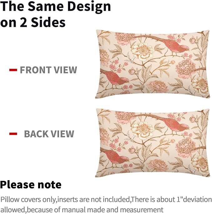 Pink White Roses Floral Lumbar Pillow Covers 12X20 Inch Set of 2Retro Flowers Birds Leaves Decorative Pillow Cases Art Vintage Cotton Linen Cushion Case Home Decor for Sofa Couch Porch Outdoor