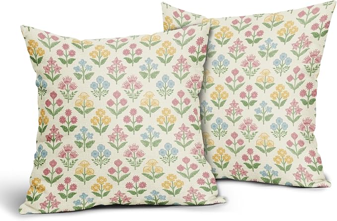 Spring Floral Block Print Pillow Covers 18x18 Inch Set of 2, Easter Decoration Pink Yellow Blue Flower Decorative Throw Pillowcases Outdoor Farmhouse Cushion Covers Holiday Sofa Couch Bed Decor