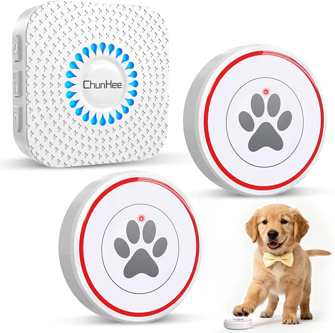 Dog Door Bell for Potty Training, IP55 Waterproof, 55 Ringtones, 0-115dB | Touch-Activated Wireless Dog Bell Helps Puppies Signal Outside, 5 Volume Levels and Waterproof Button for Indoor/Outdoor Use