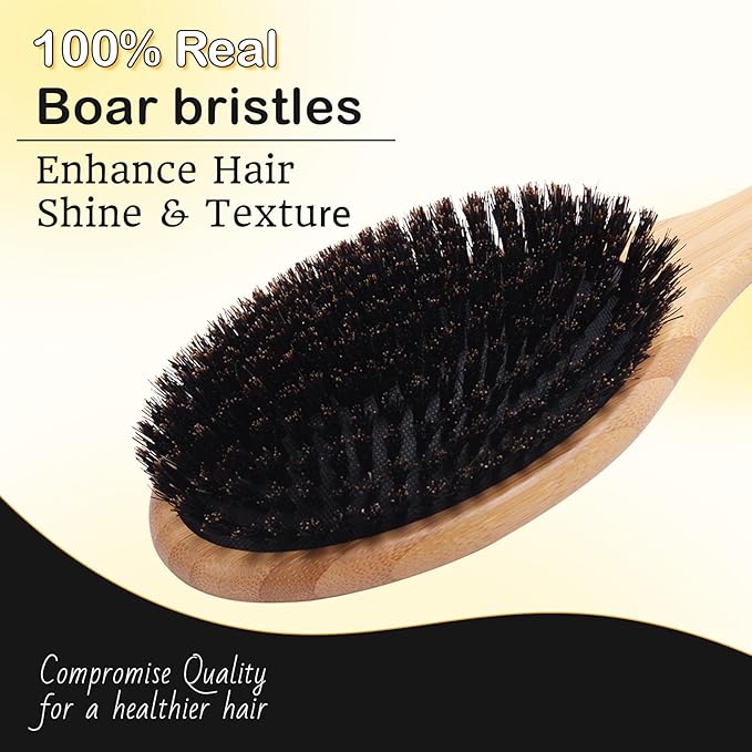 OZFIT 100% Boar Bristle Hair Brush - Natural Bamboo Hair Brush for Men & Women, Promotes Hair Growth, Includes Travel Bag & Cleaner