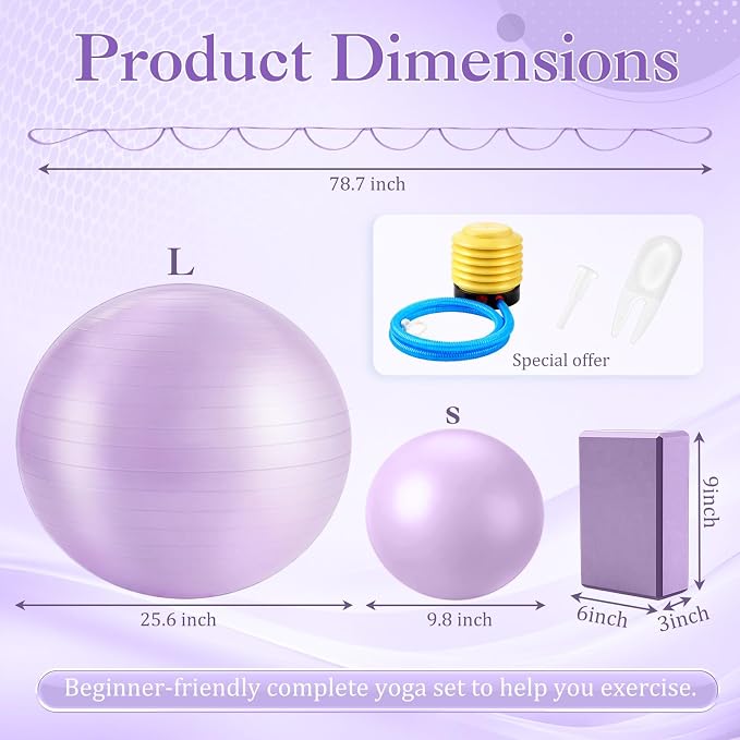 Pilates Set with 2 Yoga Exercise Balls (25.6”&9.8”), Yoga Block, Stretch Strap & Foot Pump, Stability Fitness Ball Kit for Home Gym Equipment Workout Pregnancy Physical Therapy