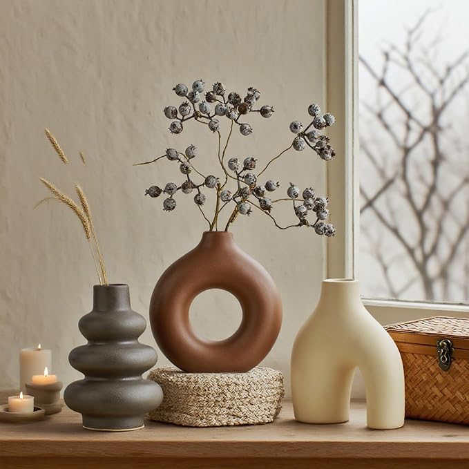 Boho Ceramic Vase Set of 3, Rustic Flower Vases for Pampas Grass | Modern Boho Vase for Decor, Decorative Vases Centerpieces for Wedding Living Room Bedroom Coffee Table Dinner Table