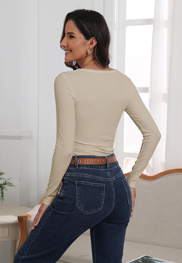 Roselux Womens Long Sleeve Scoop Neck Ribbed Knit Fitted Casual Tops Tee Slim Basic Shirts