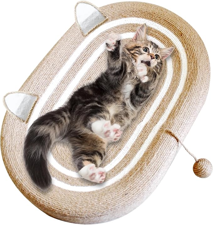 Cat Scratcher Bed 3 in 1 Sisal Cat Scratching Board for Indoor Oval Cat Scratch Pad Durable Scratching Lounge Bed Round Bowl with Toy Balls for Cats Kitten Puppy (24"x15.7"x3.5")